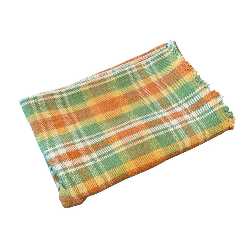 April Cornell Orange Yellow Green Plaid and Fringe Rectangular Tablecloth 80x54